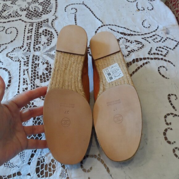 New Chanel Orange Signature Logo Canvas Lace Up Espadrilles Size 37B - Picture 14 of 16